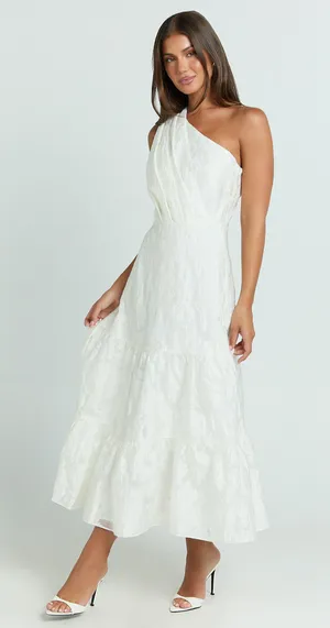 New Showpo Nadette Midi Dress One Shoulder Pleated Tiered Dress Medium MSRP $139 thumbnail 1