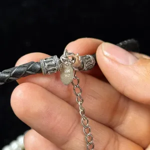 WJ Sterling Silver 925 Braided Black Leather Pearl Necklace Bracelet Jewelry Set thumbnail 3