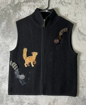 Vintage Cat Applique Wool Vest‎ Black Zip Up Whimsical Kitty Kittens Grandmacore thumbnail 1