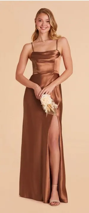 Birdy Grey Mia Dress Shiny Satin Rust Bridesmaid Formal Gown Cowl Neck Slit Sz S thumbnail 1