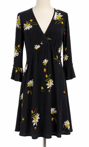 Free People Floral Wrap Dress Medium Black Bell Sleeve‎ Boho thumbnail 1