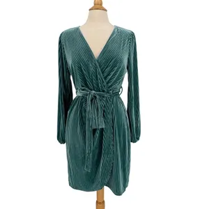 MEROKEETY Teal Ribbed Velvet Wrap Dress Long‎ Sleeve Tie Waist Size Large thumbnail 2