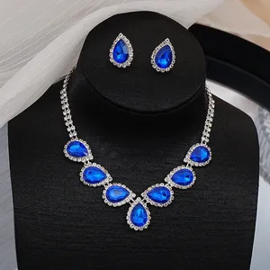 Bridal Wedding Jewelry Set Crystal Sapphire Bridesmaid Party Necklace Drop Dangle Earrings Set thumbnail 3