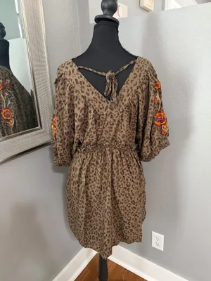 Cato Cheetah Print Floral Embroidered Puff Sleeve Ruffle Trim Boho Sedona Dress Large. thumbnail 5
