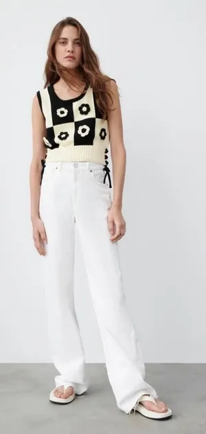 Zara Black Cream Checkered Crochet Flower Cropped Sweater Vest Size Small thumbnail 1