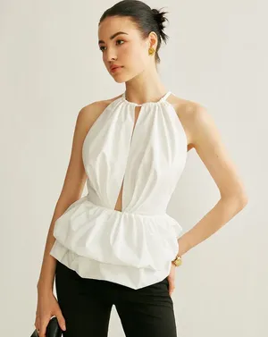 Commense Peplum Keyhole Neck Top size M White Size M thumbnail 1