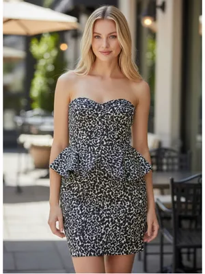 BCBGeneration Satin Animal Leopard Strapless Dress Women Size 2 Black Blue White thumbnail 3