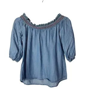 Harper Heritage Blue Chambray Smocked Off Shoulder Short Sleeve Top‎ S thumbnail 2