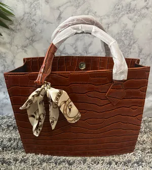 Brown Croc Embossed Top Handle Handbag with Scarf thumbnail 1