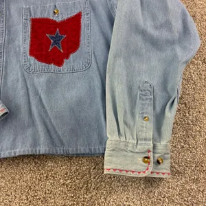 Ohio Bicentennial Denim Shirt Women L Blue Patchwork Americana Vintage Retro‎ thumbnail 2