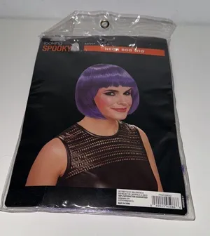Halloween Costume Wig Neon Purple Short Bob Straight Hair Adult Cosplay thumbnail 1