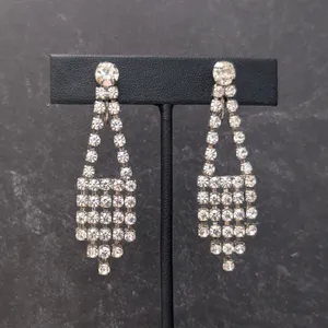 Vintage Clip On Earrings 2.25" Long Clear Gem Drop Dangle Regal Statement thumbnail 2
