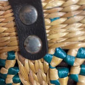 Brown Tan Teal Woven Straw Women’s Purse Handbag Wood Bead Accents Boho Beach thumbnail 9