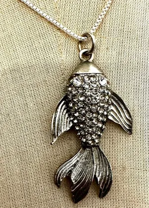 Vintage silver tone fish rhinestone pendant necklace thumbnail 1