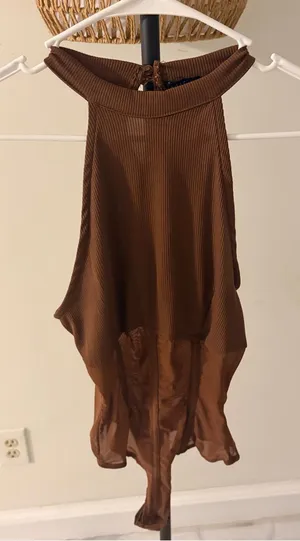 Iris Brown Ribbed Halter Top with Sheer Hem thumbnail 1