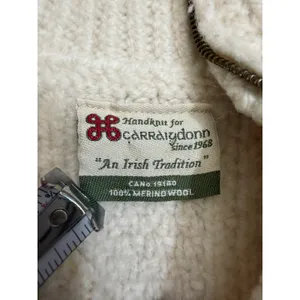 80s Carraig Donn Handknit Merino Wool Aran Zip Cropped Cardigan Sweater Cream M thumbnail 5