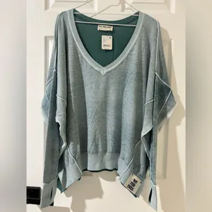 NWT we the free Free People Gibson V Neck pullover Rainforest blue green Large thumbnail 4