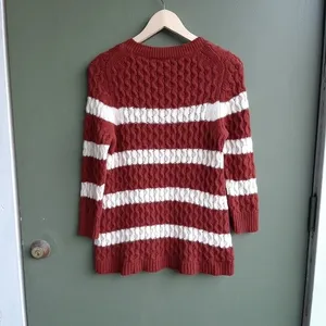 J.Crew 100% Merino Wool Chunky Cable Knit Sweater Small Brown Striped Preppy thumbnail 4