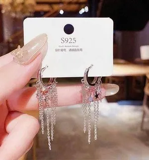 18K White Gold Plated Star Tassel Long Dangle Drop Earrings for Women thumbnail 1