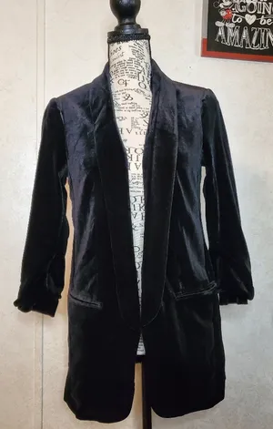 Express Velvet Longline Blazer Black Soft Velvet Open Front Jacket Women XS/TP thumbnail 1