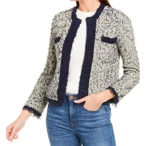 J.Crew Sz M contrast tweed white Navy Open front cropped jacket blazer cardigan thumbnail 2