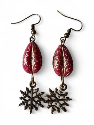 Handmade Crimson Red & Antique Bronze Snowflake Drop Earrings thumbnail 1