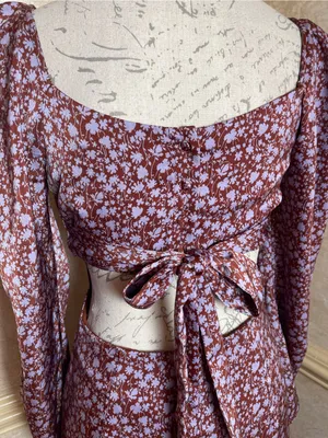 ASTR The Label Lainie Dress Floral Cutout Midi Sz S Puff Sleeve Lavender Brown thumbnail 6