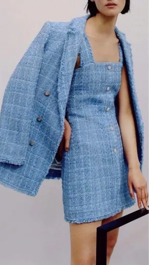 New Zara Sky Blue Tweed Dress With Crystal Buttons Size S thumbnail 1