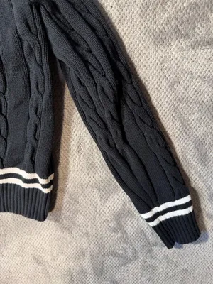 Hope & Henry Women's L Black White Cable Knit V-Neck Sweater Organic Cotton #170 thumbnail 5