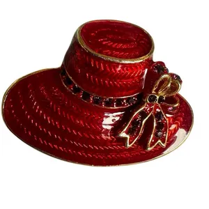 Red Enamel Wide-Brim Hat Brooch w/ Rhinestone Bow, Gold Tone thumbnail 1