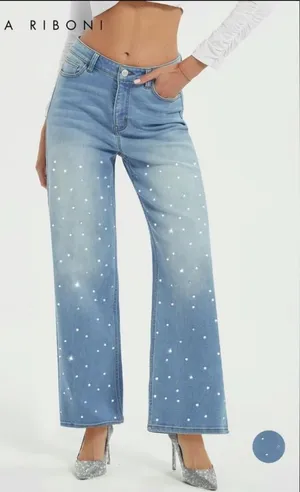 Paola Riboni High Waist Rhinestone Jeans Blue Size L thumbnail 1
