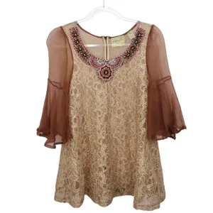Gimmicks by BKE Mauve Pink Lace Beaded Boho Fairy Beaded Silk Blouse Small thumbnail 4