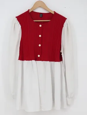 SHEIN Tunic Top Womens 12 Mixed Media Babydoll Red White Ribbed Peplum Excellent thumbnail 1