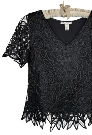 Vintage Silken Poetry‎ S Silk Black Beaded Crochet Lace Top Whimsigoth Fairy thumbnail 1