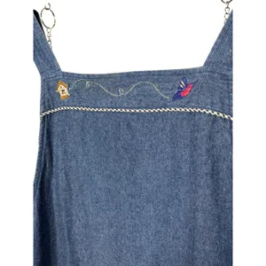 Teddi Vintage Denim Embroidered Hummingbird Pinafore Jumper Dress Blue Large thumbnail 3