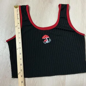 Y2K‎ Black Ribbed Crop Tank Top Red Trim Embroidered Mushroom Women's Size M thumbnail 3