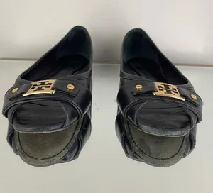 Black Leather Clines Peep-Toe Ballerina Flats thumbnail 7