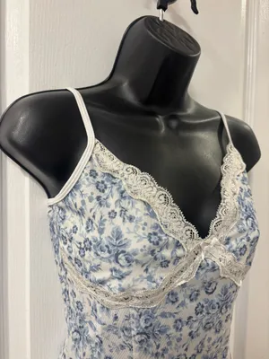 Garage Y2K Coquette Corset-Style Bow Lace Trim Blue Floral Mesh Cami Fairy Core thumbnail 2