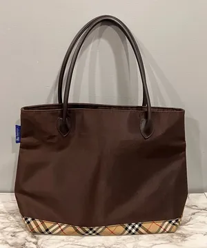 Auth BURBERRY BLUE LABEL Tote Bag Nova Check Brown Nylon Black Leather thumbnail 1
