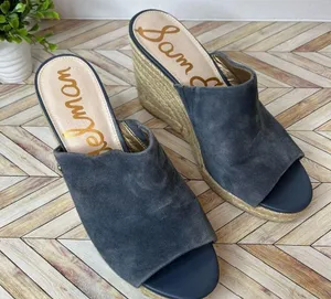 Sam Edelman | women blue suede open toe wedged heels thumbnail 6