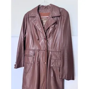 1970s The Tannery For Montgomery Ward Brown Leather Trench Coat M Long Coat thumbnail 13