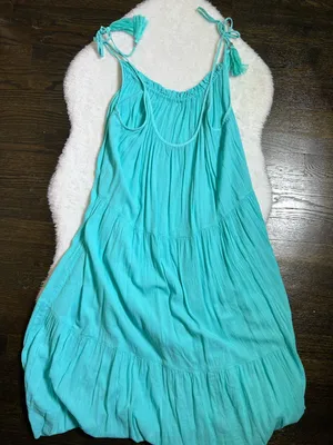M&S Collection Turquoise Blue Crinkle Sundress Tassel Ties Size 16 thumbnail 4