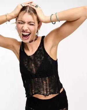 COLLUSION laddered open hole knit tank top in black thumbnail 1