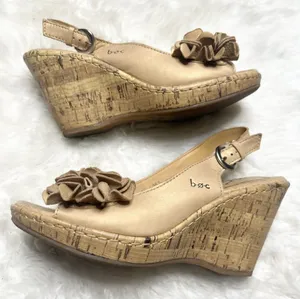 b.o.c. Born Concepts Tan Floral Open Toe Slingback Cork Wedge Sandals Size 6 thumbnail 1