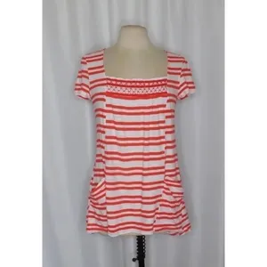 Anthropologie MEADOW RUE Marin Striped Top Smocked Knit Red White Medium thumbnail 2