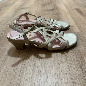 Taryn Rose | Gold‎ Metallic Strappy Low Wedge Slingback Heel Sandal Shoe, 7.5M thumbnail 3
