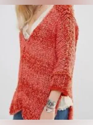 Free People Cozy Open-Stitch V-Neck Sweater in Orange thumbnail 2