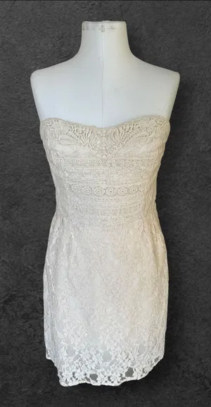 Free People Cream Strapless Lace Mini Dress size 12 Feminine Romantic Coquette thumbnail 1