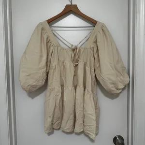 SNDYS x Revolve | Women's Beige Linen Blend Puff Sleeve Tier Babydoll Dress, XS thumbnail 3