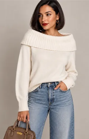 Michael Kors Collection 100% Cashmere Off Shoulder Sweater Cream S thumbnail 1